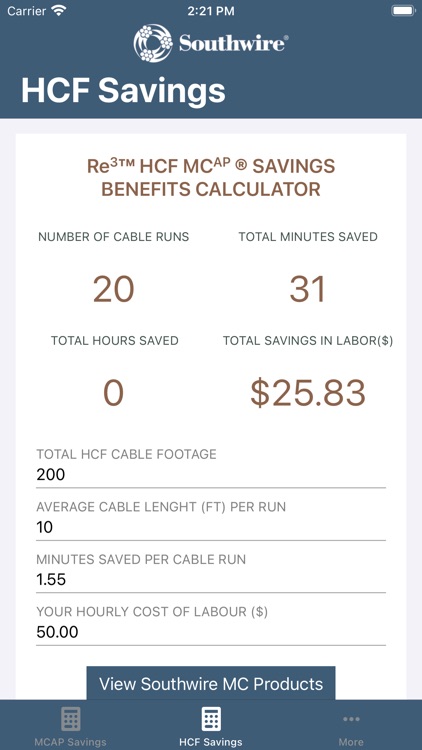 Southwire® MCAP® Savings Calc