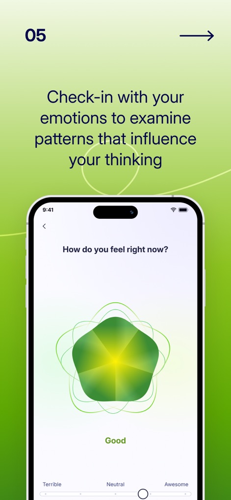 Liven: Discover yourself - Users can rate their current emotional state on a slider from 'Terrible' to 'Awesome' in response to 'How do you feel right now?', accompanied by a dynamic, evolving visual representation.