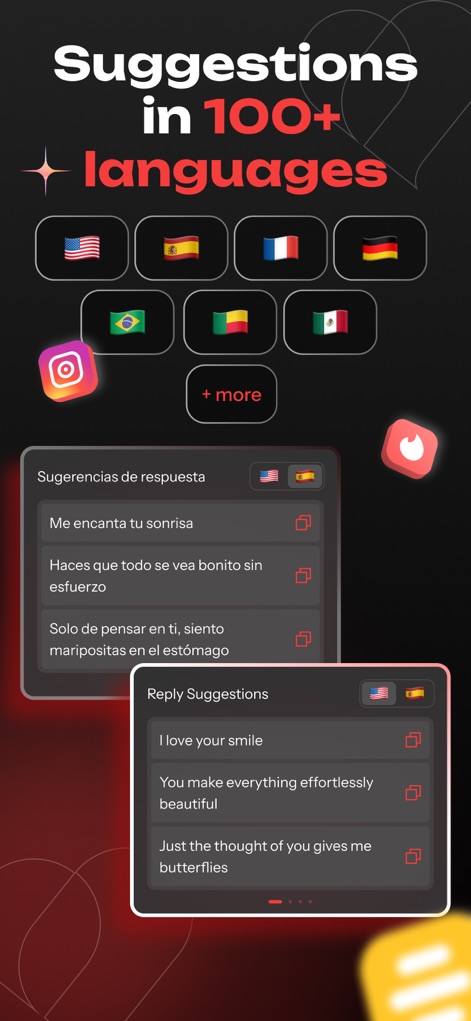 Smoothspeak: AI Dating Coach - La herramienta demuestra su capacidad para ofrecer sugerencias en múltiples idiomas, con ejemplos de respuestas presentadas en inglés y español, y la representación de diversas banderas nacionales.