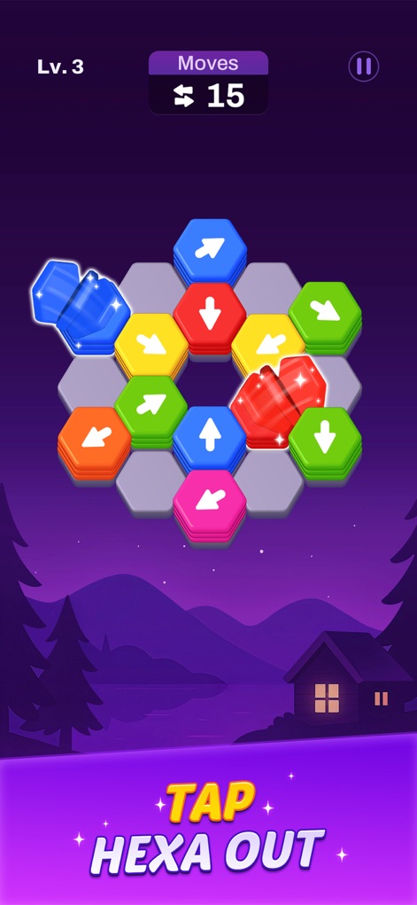 Hexout - Color Hexa Puzzle - Users can observe the colorful hexa tiles with directional arrows and the "Tap Hexa Out" instruction, illustrating the core game mechanic of clearing the board.