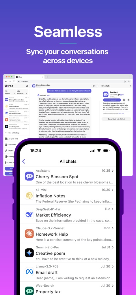 Poe – Fast AI Chat - The app ensures a consistent experience with seamless 'Sync your conversations across devices', as demonstrated by identical chat histories on both mobile and desktop interfaces.
