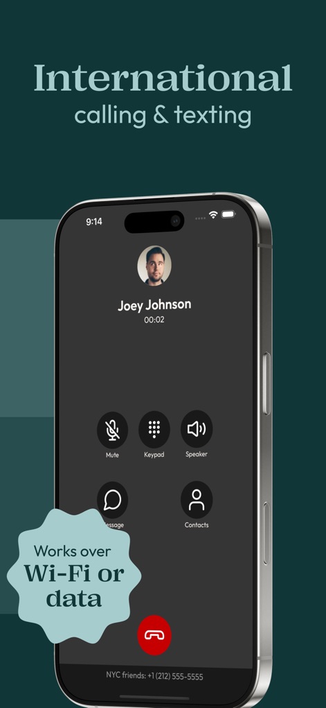Hushed: US Second Phone Number - View the in-call screen with options like mute and keypad and learn how the app leverages Wi-Fi or data for international communication.