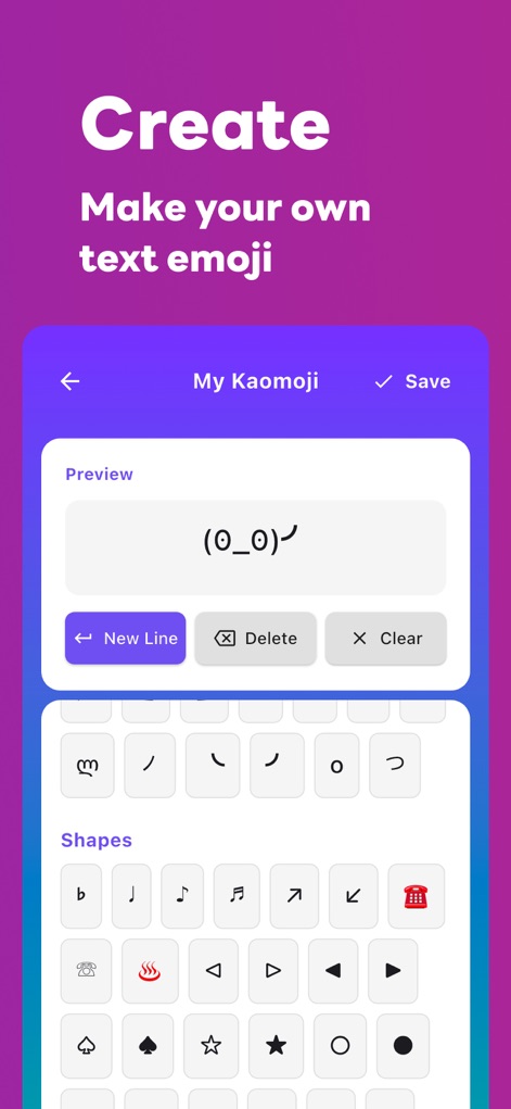 Kaomoji – Kawaii Emoji App - O recurso "Create" capacita os usuários a construir seus próprios kaomojis usando uma "Preview" em tempo real e uma vasta seleção de "Shapes" (formas) para combinar símbolos.