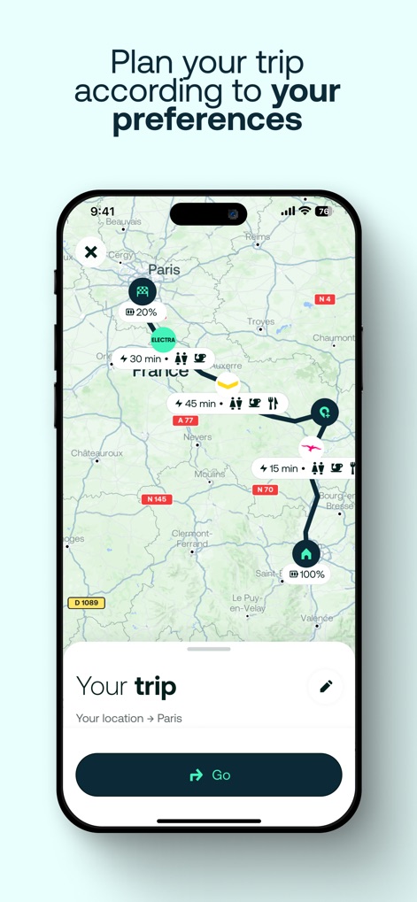 Electra - Fast Charging Hubs - This tool allows users to meticulously plan EV journeys, featuring a comprehensive route map with charging stops and precise estimates for charging duration and battery percentage.