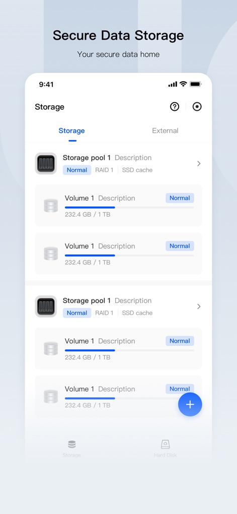 UGREEN NAS - L'app offre una visualizzazione dettagliata delle configurazioni di storage, come lo stato del "Storage pool 1" con RAID 1 e il monitoraggio dei "Volumi" con capacità e stato.