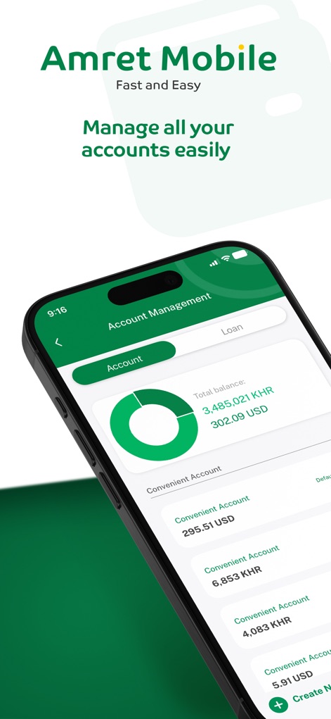 Amret - The app offers a clear Account Management interface, displaying a total balance pie chart and a detailed list of individual accounts for easy tracking.
