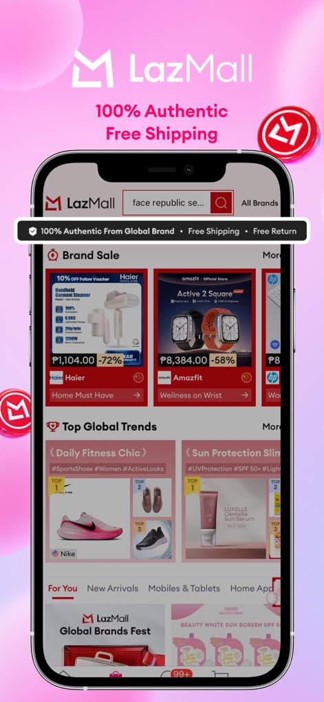 Lazada 4.4 Sale - 100%本物保証のLazMallセクションを紹介し、人気ブランドのセール品と「Top Global Trends」の商品群を提供しています。