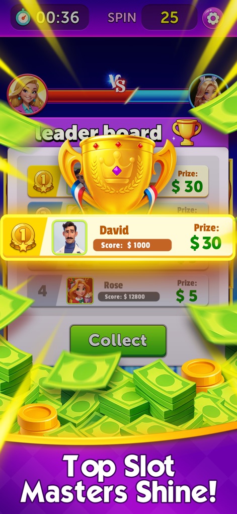 Cash Carnival - Win Real Money - La clasificación presenta un podio con el trofeo y el ranking de 'David' en el primer puesto, detallando los premios en efectivo asociados a cada posición.