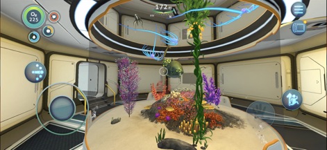 Subnautica - Discover the customizability of base interiors, featuring cultivated alien flora and various aquatic fauna contained within an observatory module.