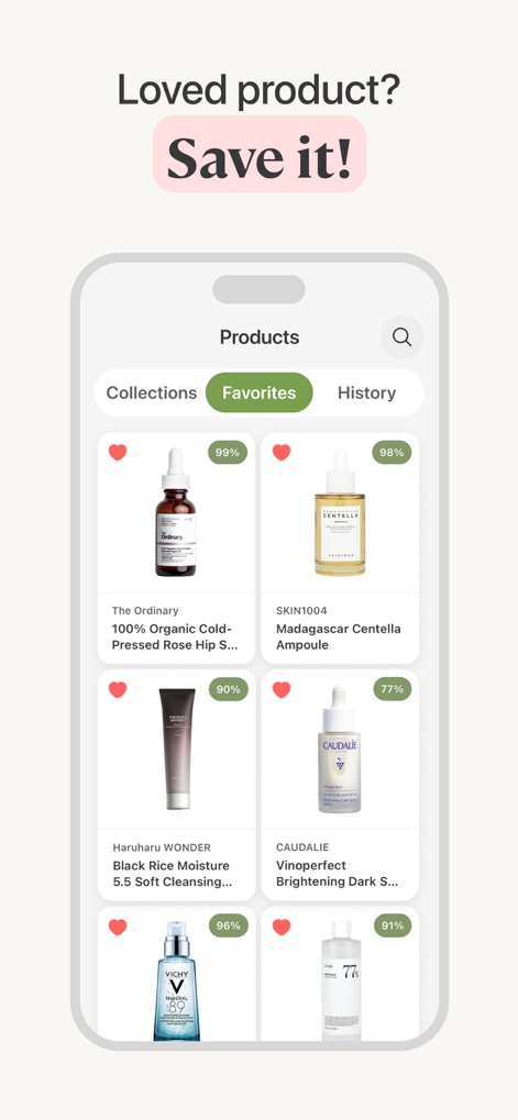 Lumi: The Skincare Scanner - Nutzer können ihre bevorzugten Produkte im "Favorites"-Bereich speichern, wo jedes Element mit einem Herzsymbol und der jeweiligen Sicherheitsbewertung, zum Beispiel 99% für The Ordinary, versehen ist.
