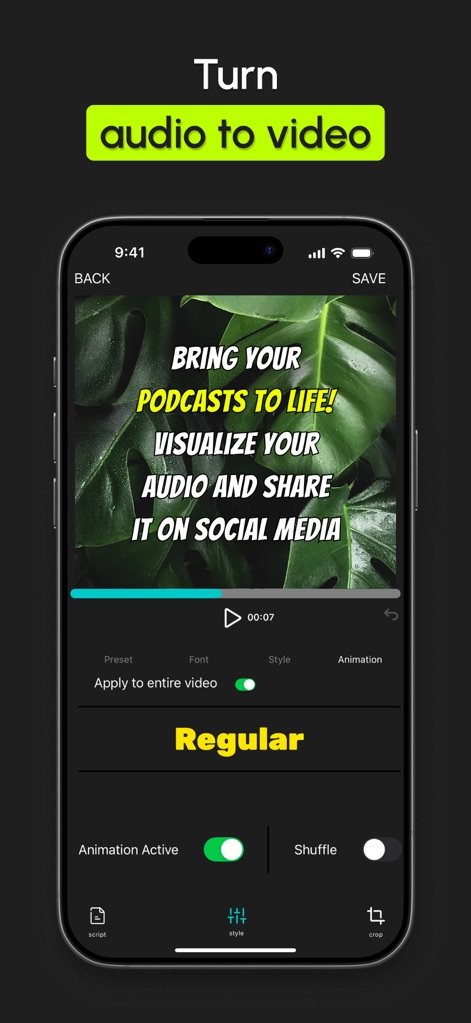 AutoCap: Auto Video Captions - Transforme conteúdo de áudio em vídeos envolventes com legendas dinâmicas, como a mensagem "BRING YOUR PODCASTS TO LIFE!", e ajuste o estilo visual com opções de "Font" e "Animation" para maior impacto.