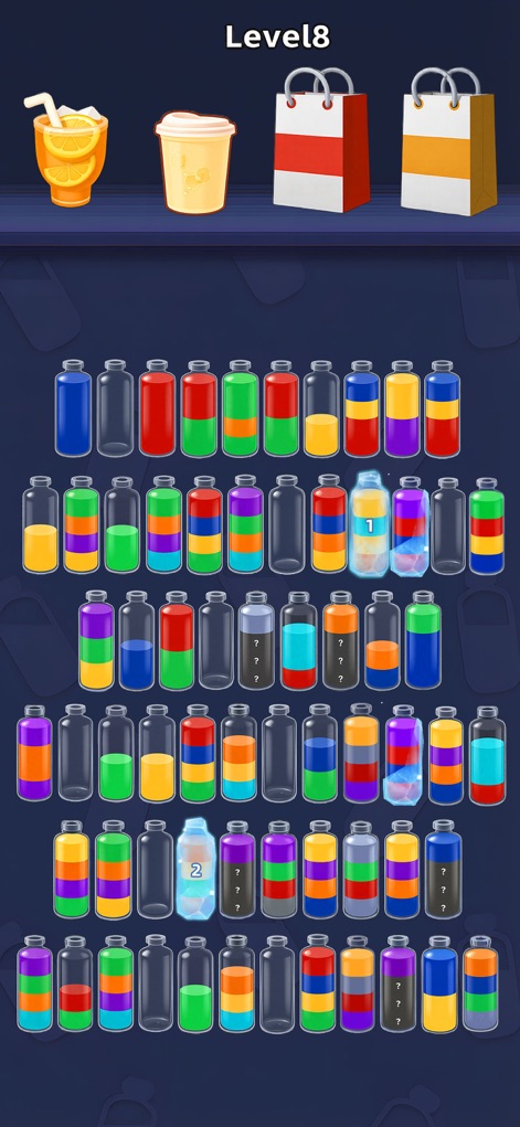 Water Jam Sort - Match Puzzle - Confront Level 8, presenting an expansive arrangement of bottles including special numbered bottles and mystery bottles with question marks, showcasing the escalating complexity of the game's later stages.