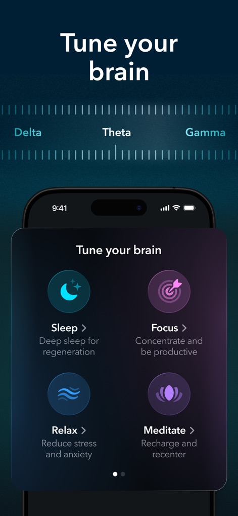 Moongate: Binaural Beats - The app guides users to specific brainwave states with options like Delta for sleep and Gamma for focus, presented within an intuitive goal-oriented interface.