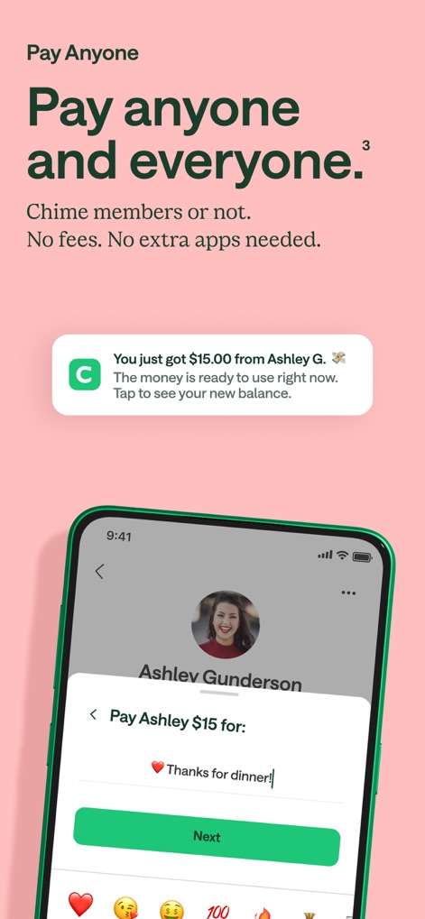Chime® – Mobile Banking - This feature enables effortless peer-to-peer payments, displaying incoming transfer notifications and an intuitive interface for sending money with personalized messages.