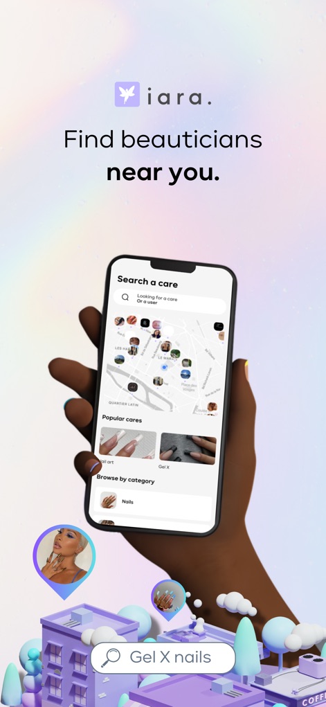 iara. - Os usuários podem localizar especialistas de beleza próximos através de um mapa interativo e filtrar a busca por categorias de tratamento como 'nail art' e 'Gel X'.