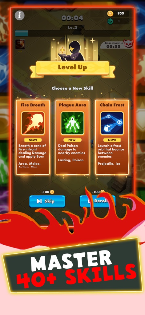 Undead Slayer: Offline Action - Explore the app's roguelike progression through the level-up interface, allowing users to strategically choose new abilities like 'Fire Breath' and 'Plague Aura'.