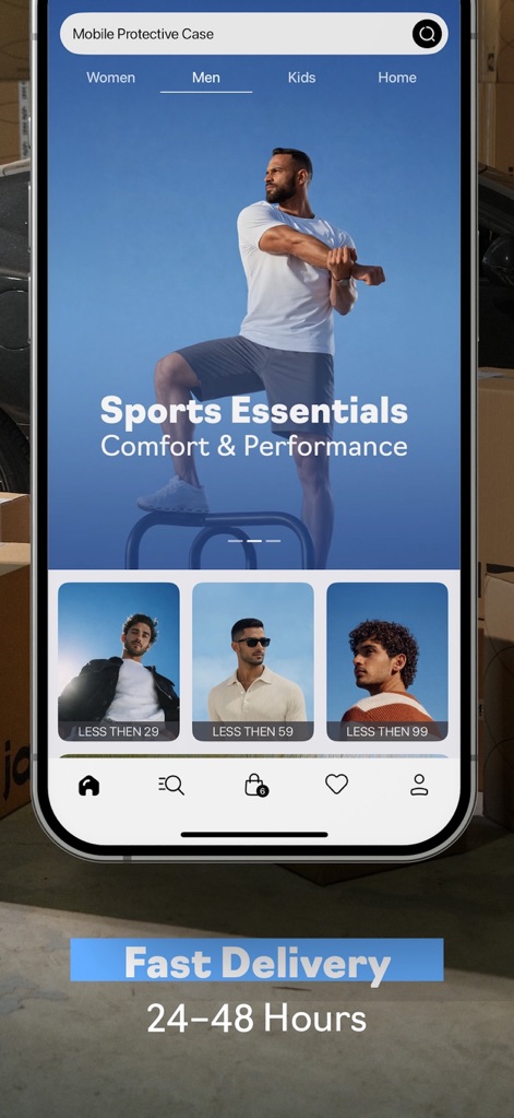 Jazi | جازي - Users can easily navigate the app through prominent category tabs like 'Men' and explore curated collections based on specific price points, such as 'LESS THEN 29'.