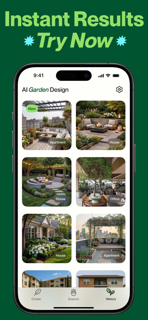 AI Garden Design: Landscape AI - Explore a captivating gallery of AI-generated garden ideas for different settings, from apartments to houses, all easily accessible through intuitive navigation tabs.