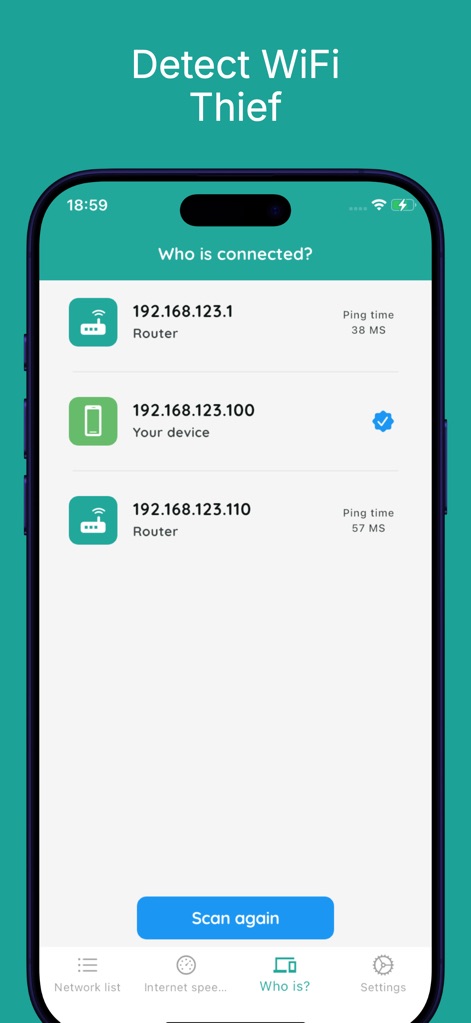 Wifi password connect - La aplicación permite a los usuarios identificar dispositivos conectados a su red, mostrando sus direcciones IP y tiempos de ping para detectar accesos no autorizados.