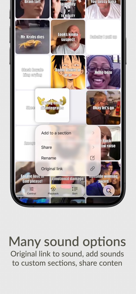 Meme Soundboard 2016-2026 - Acceda a opciones de gestión detalladas mediante un menú contextual, permitiendo añadir sonidos a secciones personalizadas y compartir enlaces originales con amigos.