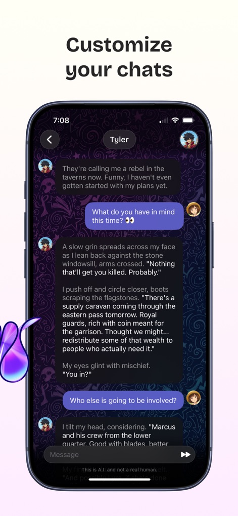 Swerve - AI Chat - Tailor the visual ambiance of each conversation with customizable chat backgrounds and unique message bubble designs, enhancing the immersive storytelling.