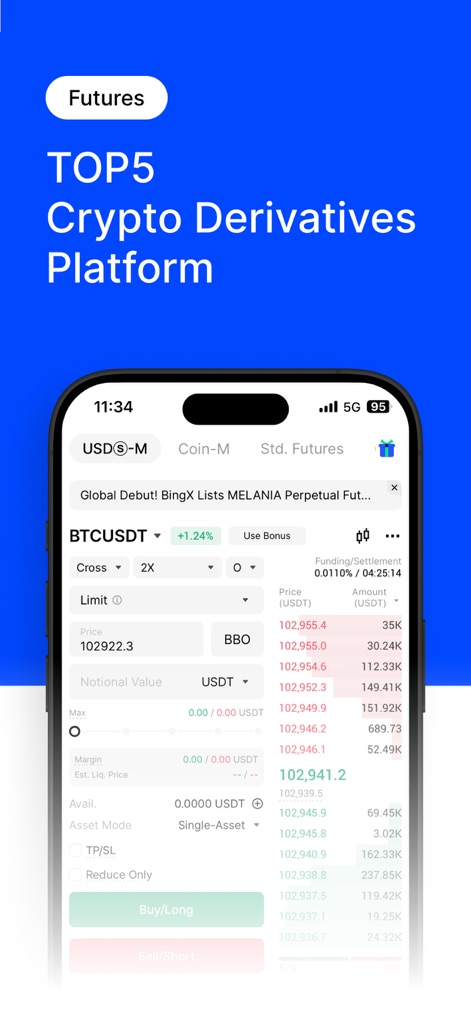BingX Pro - Users can explore a sophisticated futures trading dashboard, featuring detailed order placement options and real-time market depth data.