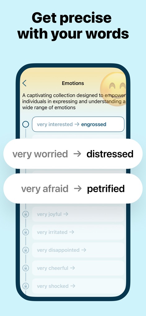 Word of the Day・Vocabulary - This feature enhances communication by offering stronger alternatives through "Stop Saying Collections," as seen with suggestions like "very worried" becoming "distressed."