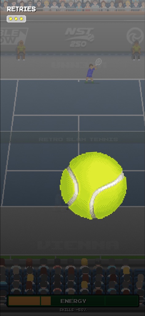 Retro Slam Tennis - Observe dynamic visual effects like the close-up tennis ball and track game progression with the retry counter.