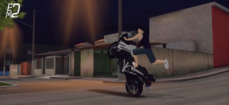 Elite Motos 2 - Esta captura realza las nuevas animaciones de conducción con un personaje realizando una acrobacia en moto y el efecto de la iluminación nocturna.