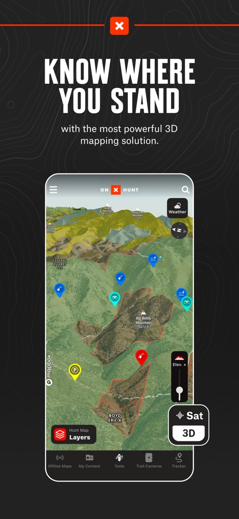 onX Hunt: GPS Hunting Maps - O aplicativo oferece uma visão de mapa 3D detalhada, permitindo que os usuários explorem o terreno com marcadores de localização precisos e visualizem as fronteiras da propriedade.