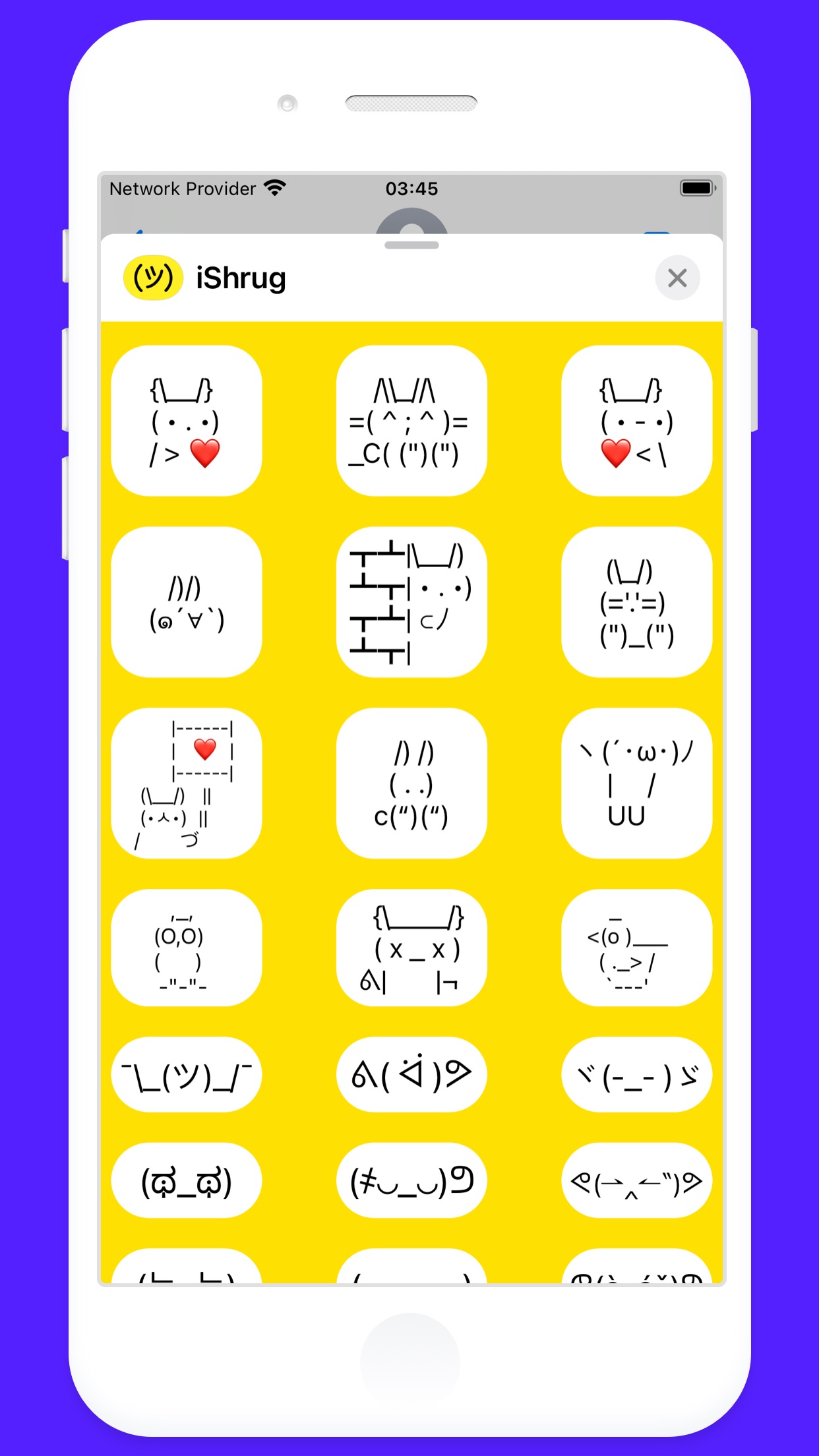 Screenshot do app iShrug: Kaomoji e Arte ASCII