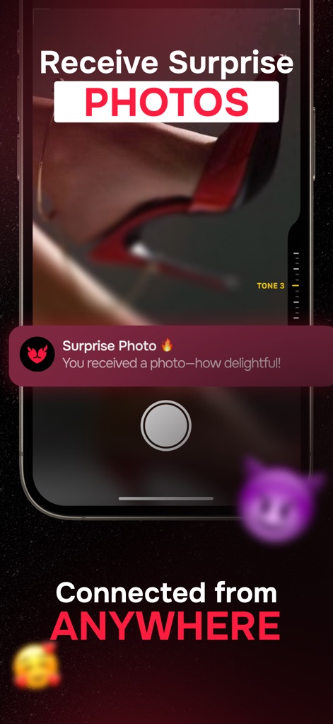 Heat: Couple Games for Adults - The app enables couples to receive surprise photo notifications and interact with a camera interface for shared moments.