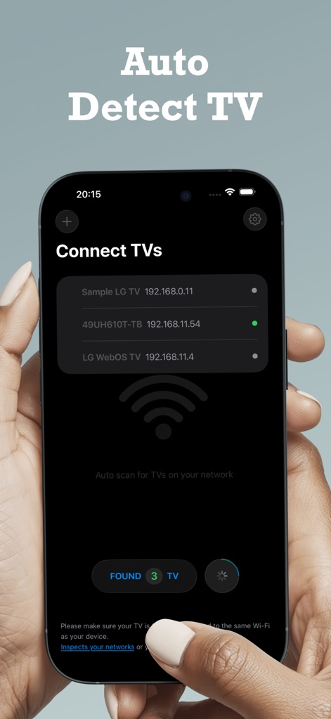 Remote Plus - Smart TV Remote - Esta vista muestra la función de detección automática de la aplicación, identificando múltiples televisores con sus direcciones IP y un indicador visual de conexión.
