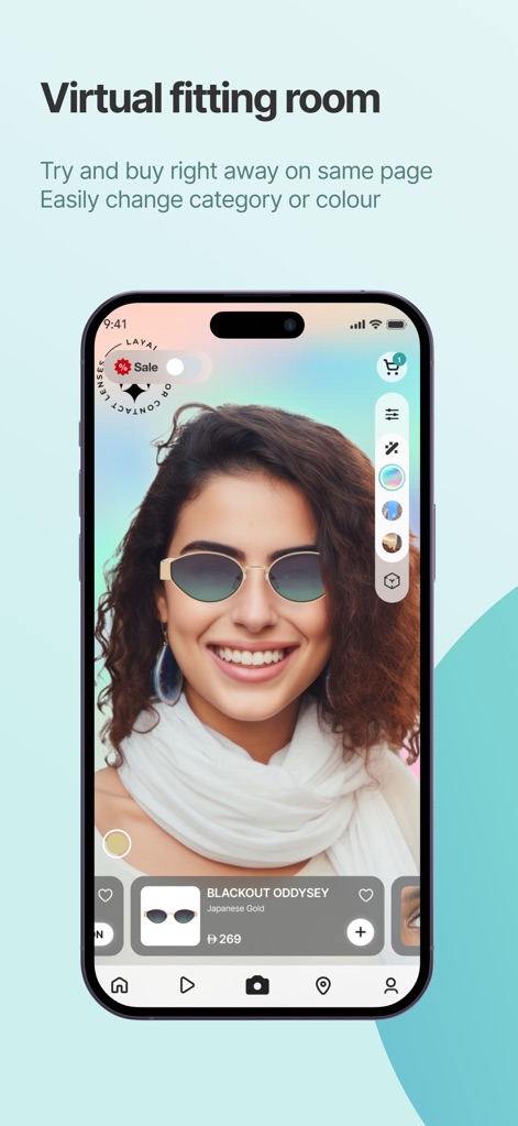 eyewa - Eyewear Shopping App - Users can effortlessly try on eyewear virtually in real-time, with immediate access to product details like "BLACKOUT ODDYSEY" and available color options.