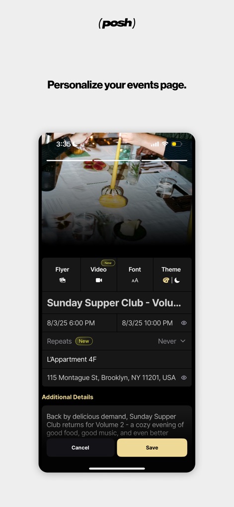 Posh – Create & Find Events - Event organizers can personalize their event presence with customizable visuals and detailed settings, including options for 'Flyer' and 'Video' uploads.