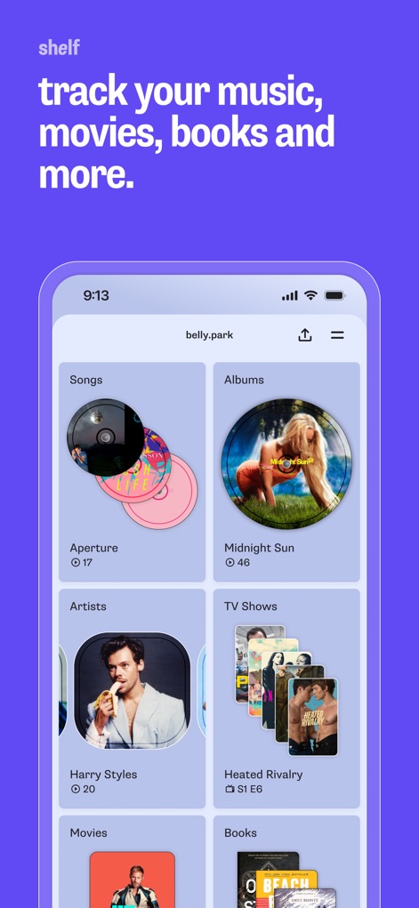 Shelf: music, books, movies - Users can effortlessly track their diverse media consumption across detailed categories such as "Songs" and "Albums", all presented within a clean, organized grid interface.