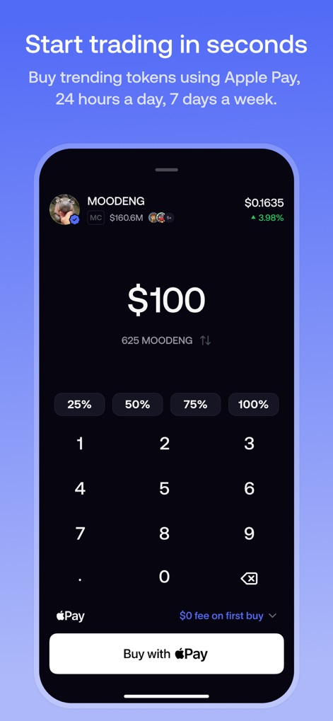 fomo - never miss out - The app showcases its seamless Apple Pay integration for instant crypto purchases and the intuitive numerical input interface for precise trade amount adjustments.