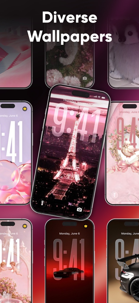 Ringtones Maker & Wallpapers - Se presenta una extensa galería de fondos de pantalla, desde vistas de la 'Torre Eiffel' hasta diseños minimalistas, organizados en un mosaico visualmente atractivo.