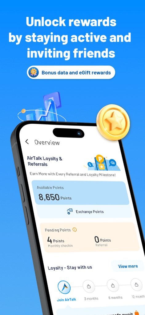 AirTalk Wireless - Os usuários podem aproveitar o programa de fidelidade do aplicativo, que mostra claramente os pontos disponíveis e pendentes, e incentiva a participação com opções para referir amigos e ganhar recompensas.