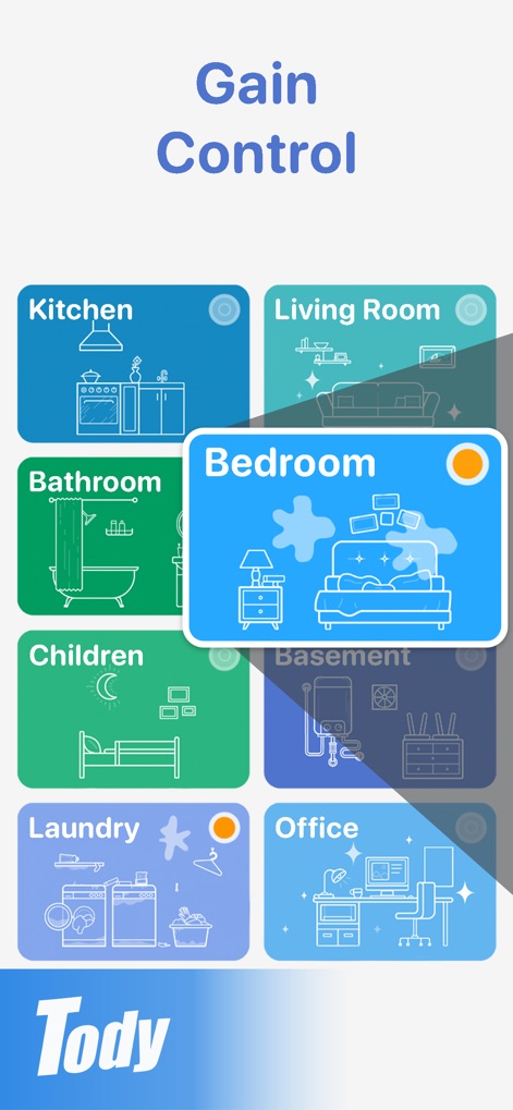 Tody - Users can effortlessly manage household cleaning by room, with each card displaying visual cues of its cleanliness status and specific tasks required.