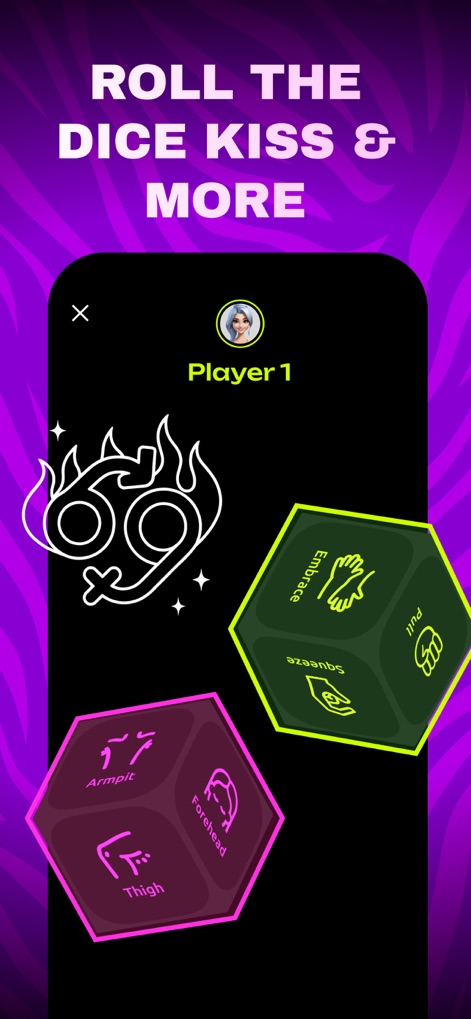 Couples Games: Spicy Challenge - Dieser Screen präsentiert das dynamische Würfelspiel, bei dem Nutzer durch die angezeigten Aktionen und Körperteile zu intimen Momenten inspiriert werden.