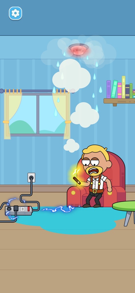 Death Puzzle - Explore a level where a character is caught in an electrical mishap from faulty wiring, exacerbated by a ceiling water leak and a blaring fire alarm.