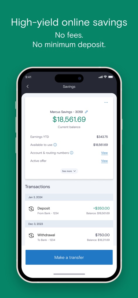 Marcus by Goldman Sachs® - Users can review their current balance, detailed earnings YTD, and a clear list of recent transactions within this screen.