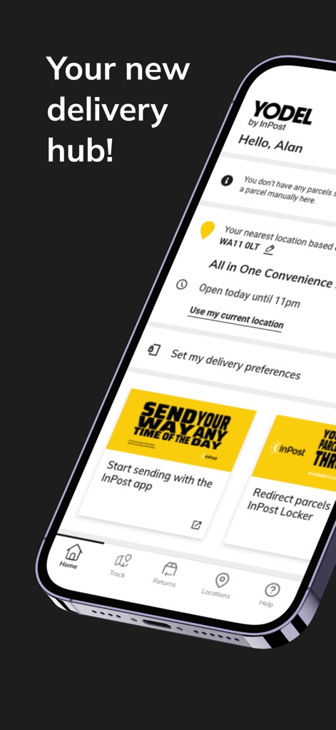 Yodel by InPost - The app presents a comprehensive home dashboard, allowing users to manage delivery preferences and access quick links for InPost Locker redirection.