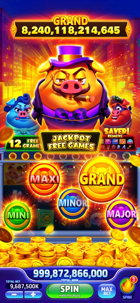 Jackpot Crazy-Vegas Cash Slots - Observe the charming dapper pig character leading to 'Jackpot Free Games' and the vibrant display of Mini, Minor, Major, and Grand jackpot opportunities.