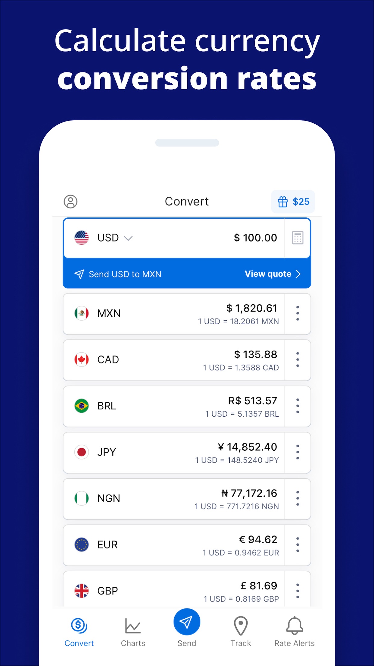 Screenshot do app Xe Currency & Send Money