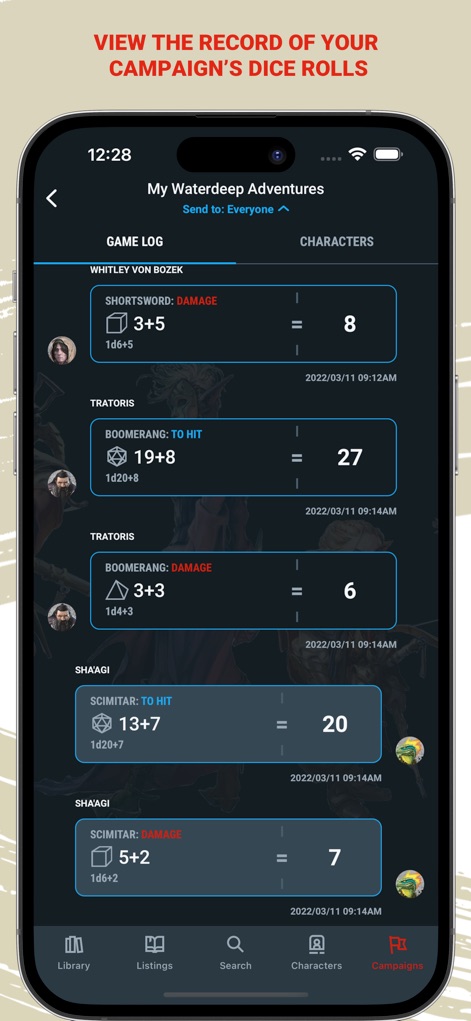 D&D Beyond - The app meticulously records all in-game dice rolls within the campaign log, providing a historical overview of actions and their calculated outcomes for each character.