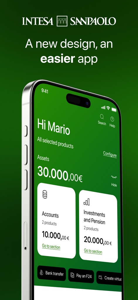 Intesa Sanpaolo Mobile - The app presents a streamlined dashboard, clearly displaying total assets and offering quick access to key functions like 'Bank transfer' and 'Pay an F24'.