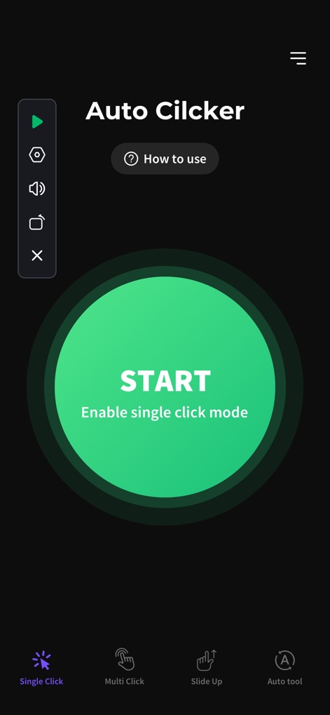 Auto Clicker：Automatic Tapper - La interfaz principal permite a los usuarios activar el modo de clic único de forma instantánea mediante su prominente botón "START", complementado por una barra de herramientas lateral con opciones de control esenciales.