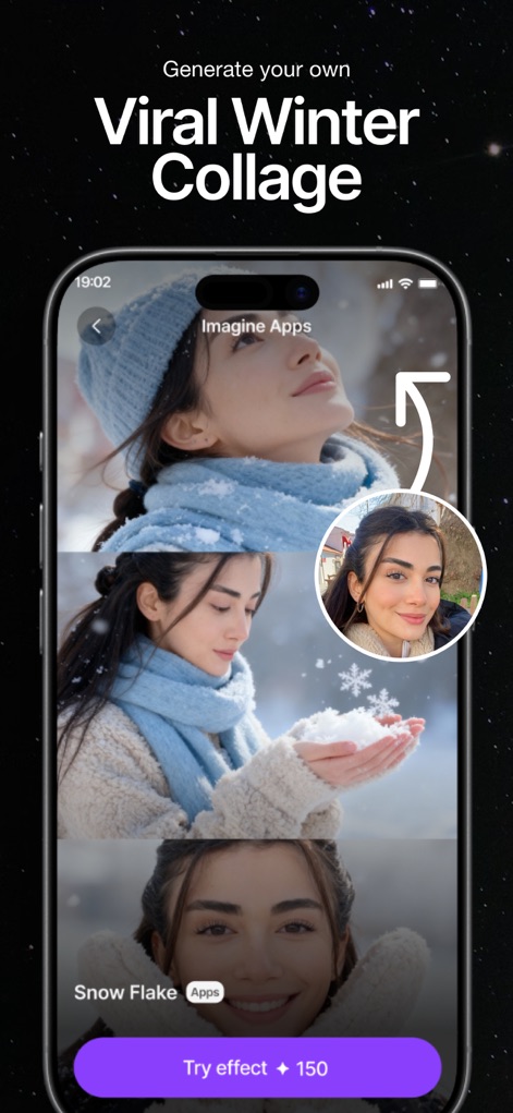 ImagineArt: AI Video Generator - Este visual ilustra a capacidade do aplicativo de gerar uma colagem com tema de inverno, combinando múltiplas fotos do usuário em uma paisagem nevada com flocos de neve animados.